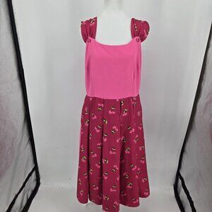 Unique Vintage Hot Pink Cherry Heart Fit & Flare Retro Dress Women's Size XL NEW